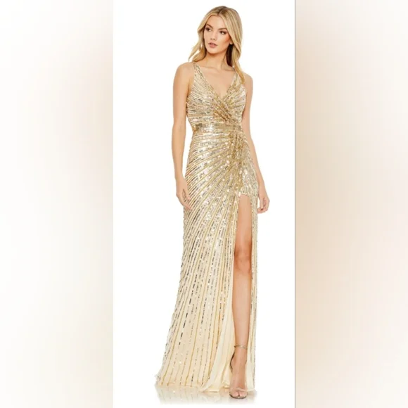 green emerald velvet dress Mac Duggal Women's High Neck Crystal Detail Metallic Slit Gown